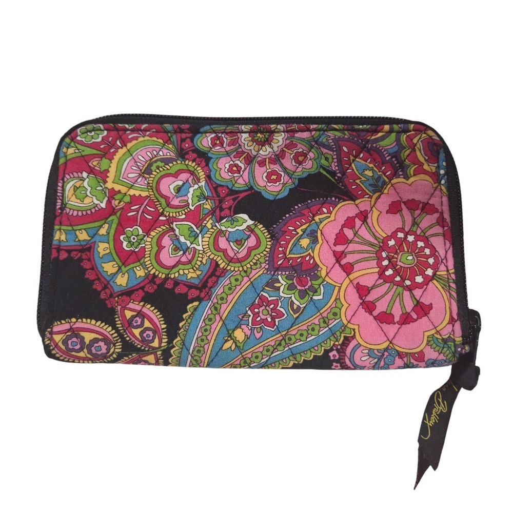 Vera Bradley Zip Around Wallet Wristlet Cottagecore Paisley Floral Black